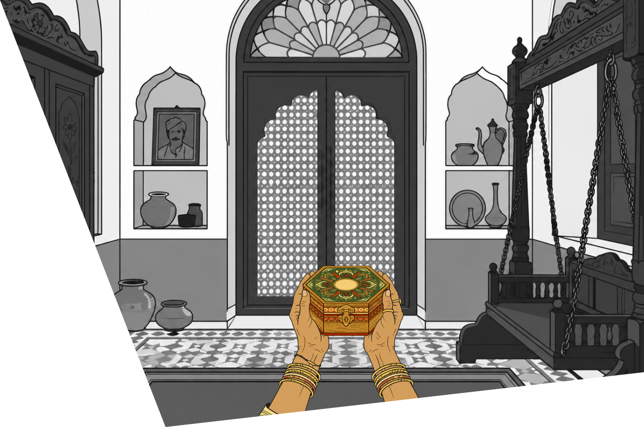 Hands holding the spice box in a heritage home with stained glass