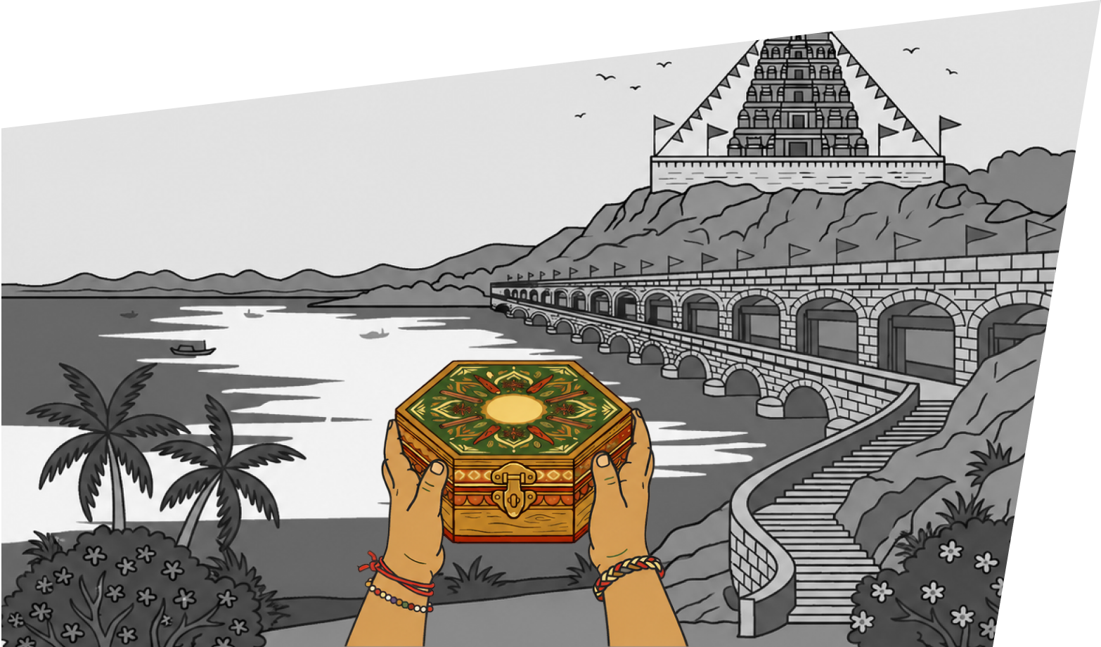 Carrying the spice box across a river bridge in Vijayawada