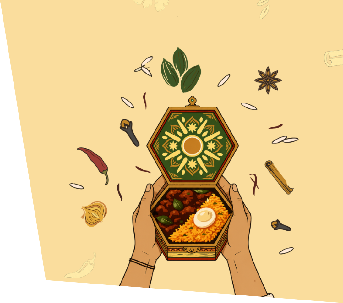 The open spice box surrounded by whole spices